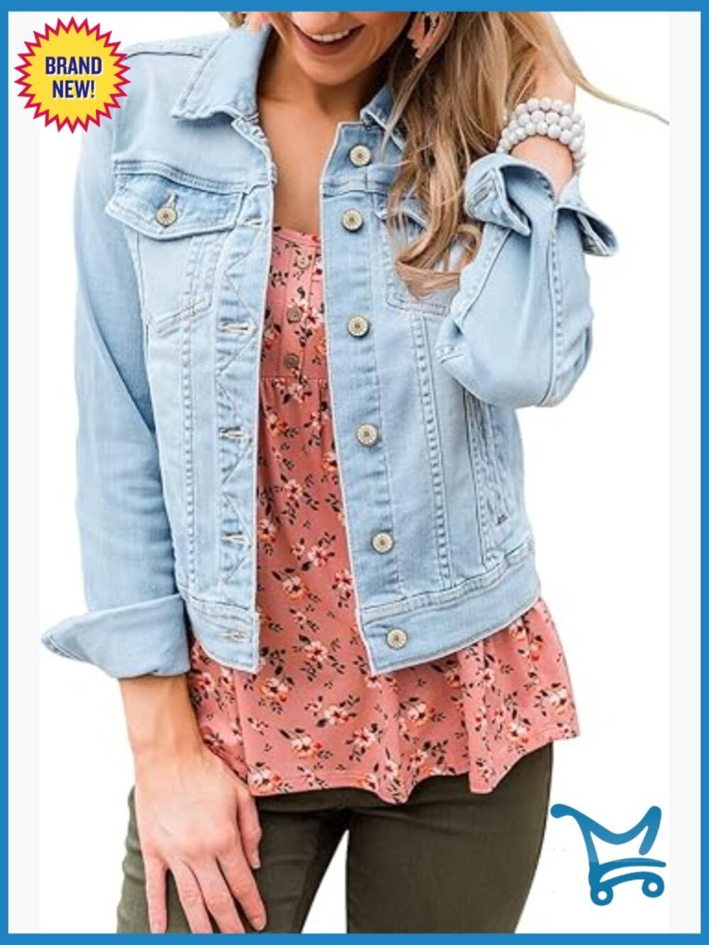 Stretch Button Down Long Sleeve Denim Trucker Jacket with Pockets